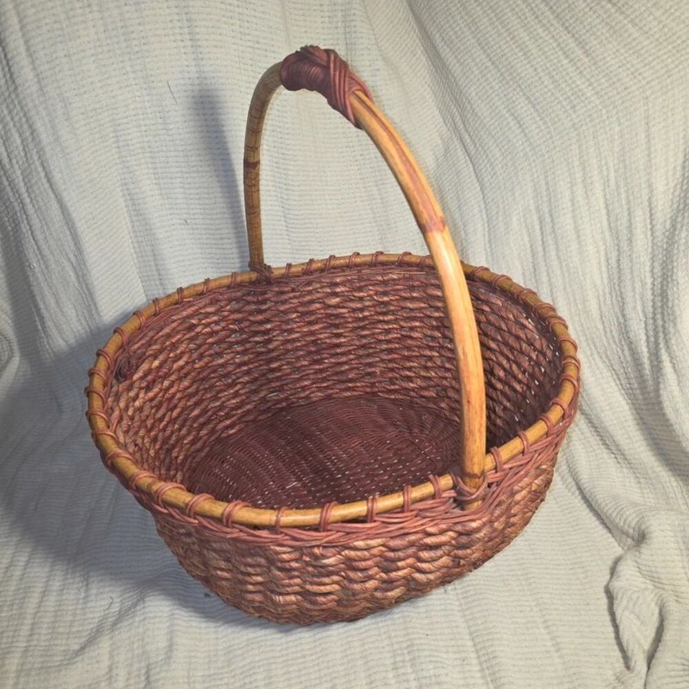 Large Woven Wicker Rattan Market Basket With Handle Rustic Farmhouse